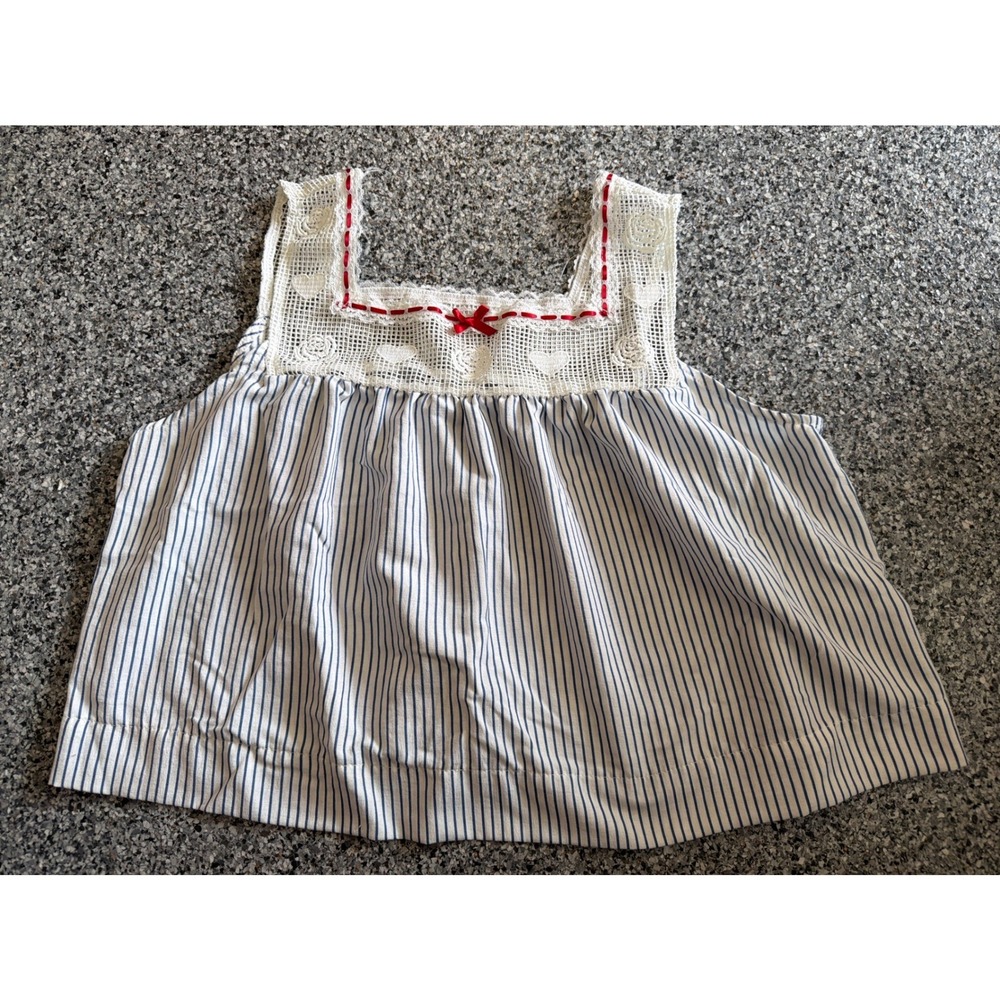 Kacey Lee Blue White Striped Babydoll Top Crochet Lace Ribbon Bow Large 12-14